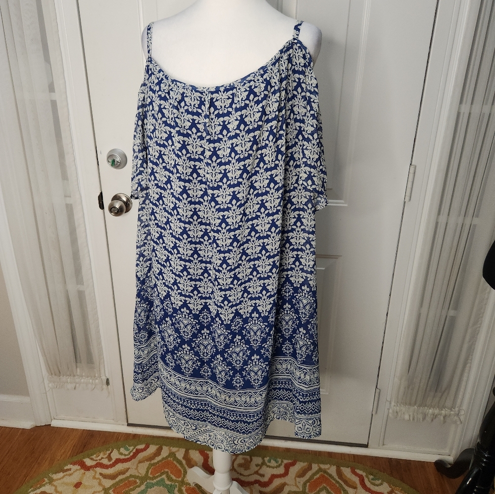Tacera Blue and White Cold Shoulder Dress Size Plus 2X